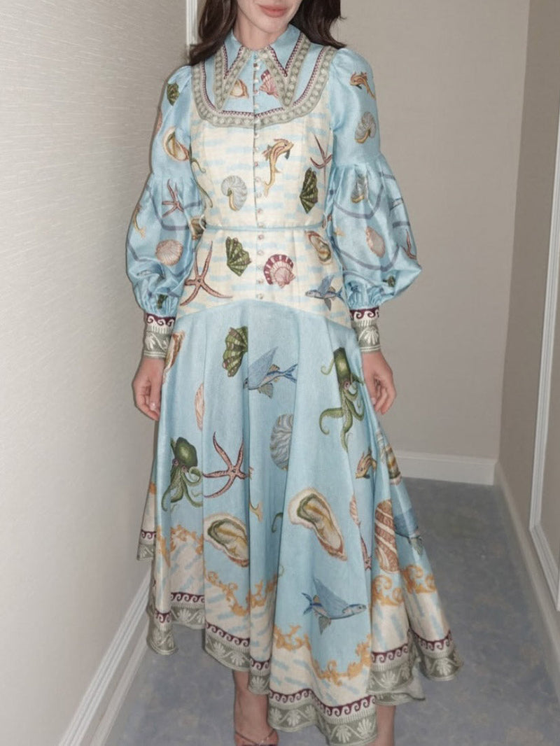 Unique Deep Sea Print Single Breasted Midi Dress