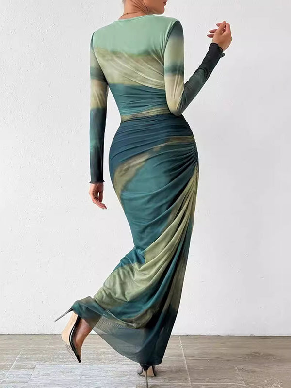 Bodycon Long Sleeves Gauze Gradient Pleated Printed See-through Round-neck Maxi Dresses