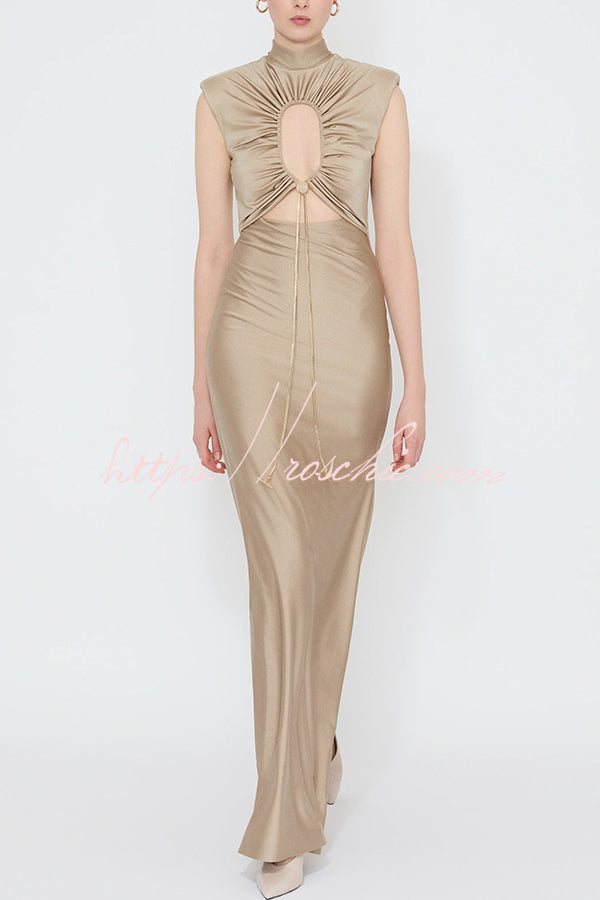 Genis Hollow Elastic Bust High Neck Sleeveless Gathered Maxi Dress