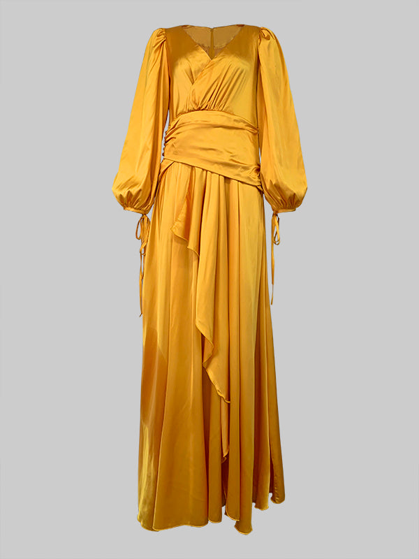 Look-thin Pleated Color V-cut Long Sleeves Maxi Dresses