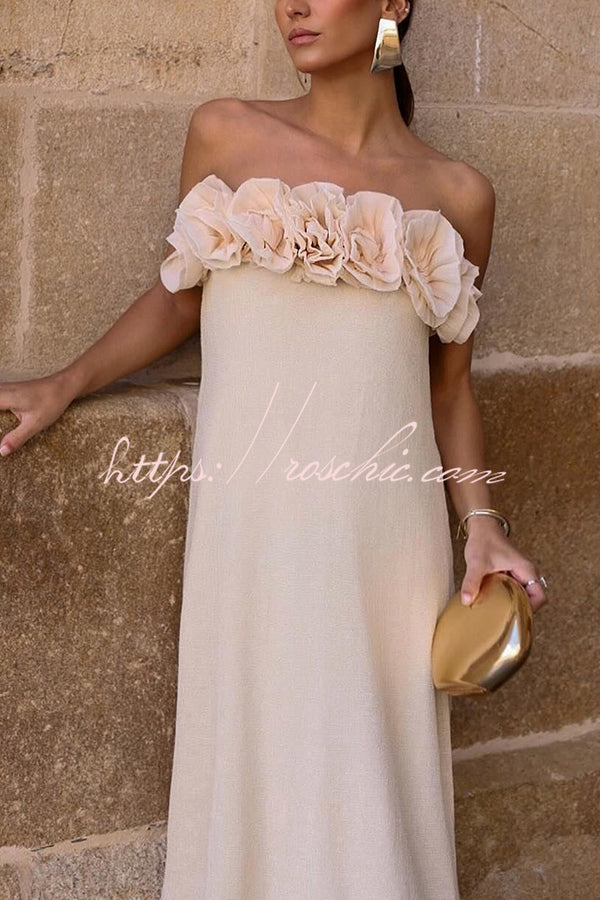 Blooming Flower Applique Elastic Off Shoulder Strapless Maxi Dress