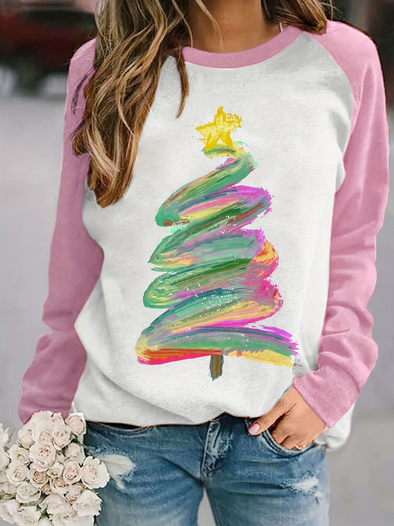 Christmas Tree Print Pullover Sweatshirt Rk6301