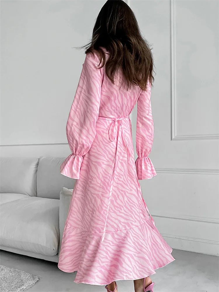 Pink Printed Ruffled Long Dress ’s Lace-up Long Sleeve Contrast Patchwork Party Dress Female Bandage Dress