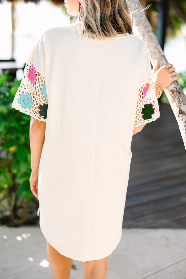 White Crochet Splicing Sleeve T-shirt Dress