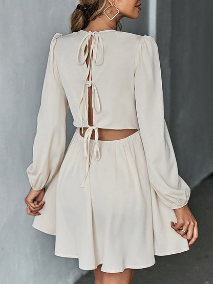 A-line Bishop Sleeve Backless Elasticity Hollow Pleated Color Tied Round-neck Mini Dresses