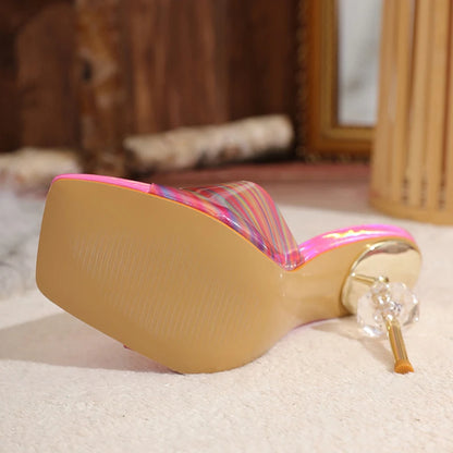Liyke Candy Color Pvc Transparent Slippers Square Toe High Heels Sandals Summer Party Shoes