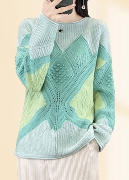 Green O-neck Plaid Cotton Knit Sweaters Fall Qp018