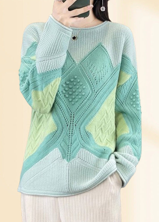 Green O-neck Plaid Cotton Knit Sweaters Fall Qp018