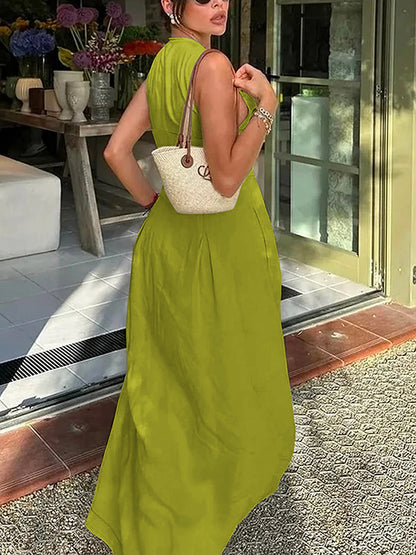 A-line Loose Pleated Pockets Split-joint Zipper Round-neck Maxi Dresses