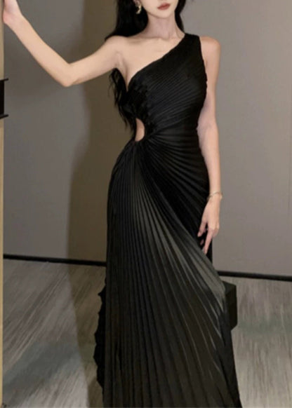 French Black Cold Shoulder Hollow Out Maxi Dress Summer Ee041