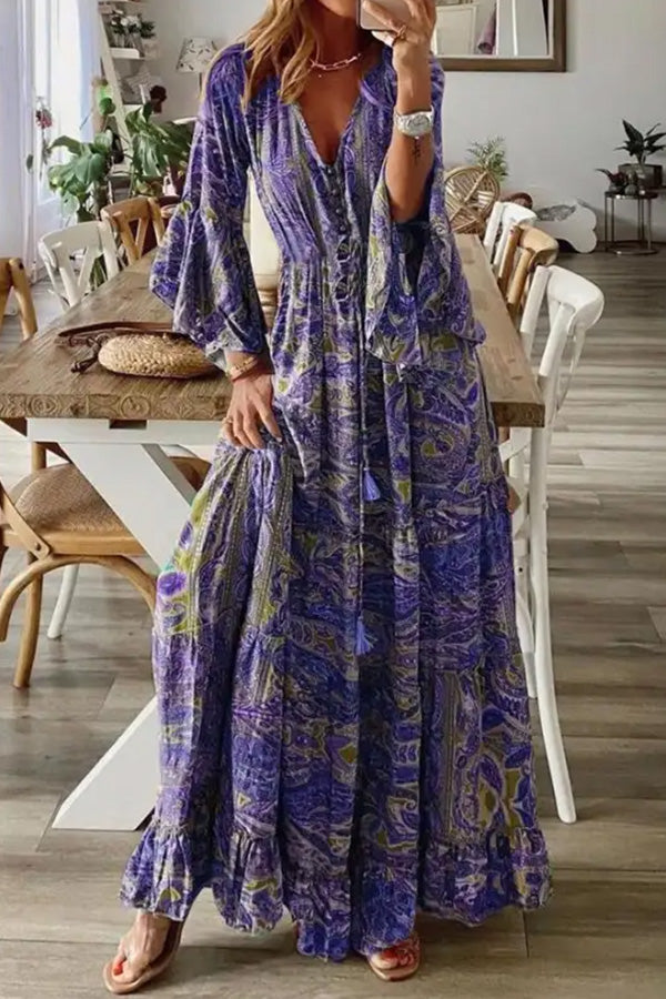 V-neck Loose Peris Print Vacation Long Sleeve Maxi Dress