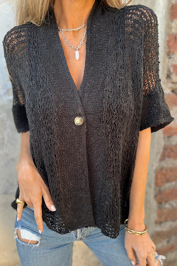 Color Hollow Sleeve V-neck Button Knitted Cardigan