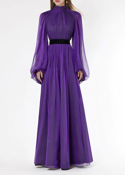 Stand Silk Wrinkled Italian Purple Long Dresses Lantern Collar