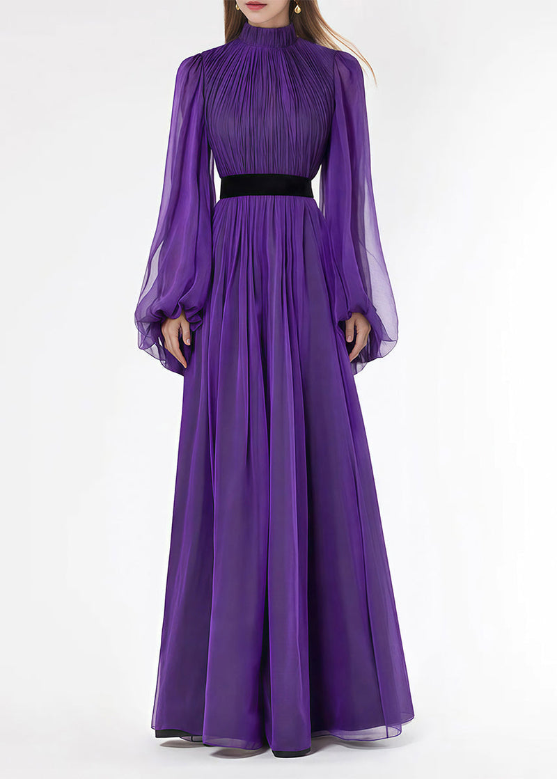 Stand Silk Wrinkled Italian Purple Long Dresses Lantern Collar