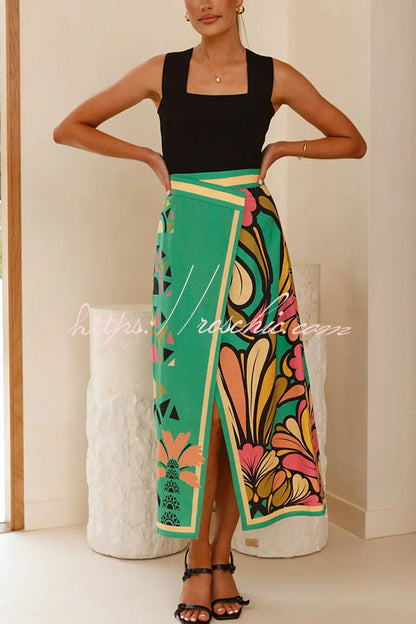 Plant Print Slit Holiday Midi Skirt
