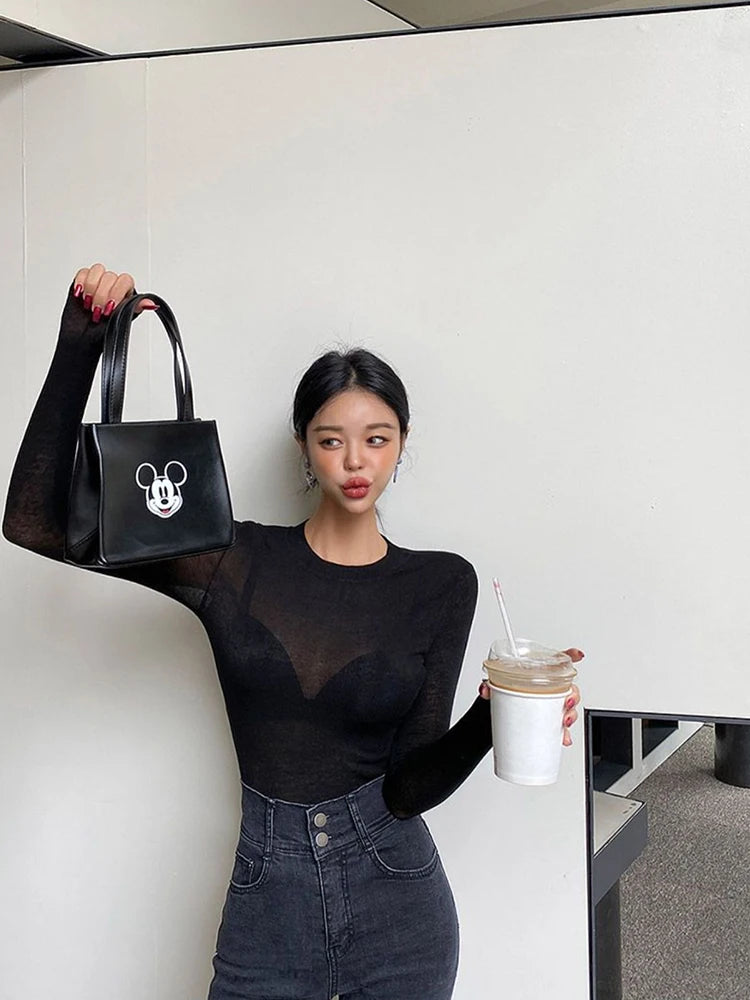 Basic Cotton Summer T Shirt Long Sleeves Tee Shirt High Elasticity Breathable Thin T-shirt See Through Female Top