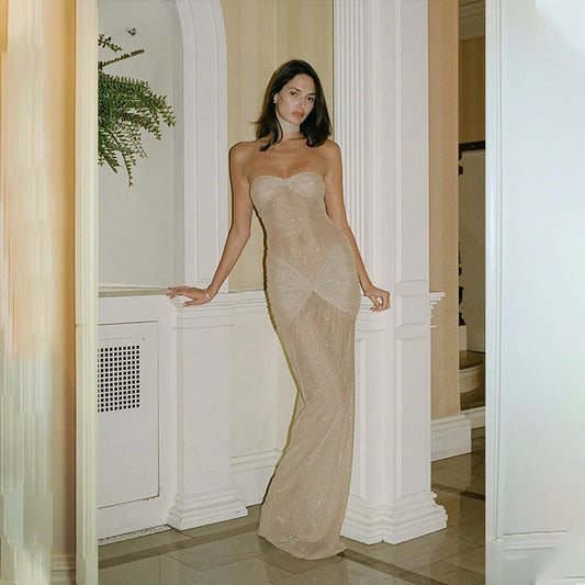 Off-shoulder Glitter Fishtail Maxi Dress
