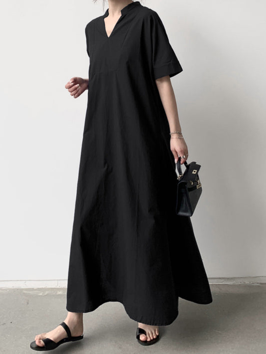 Loose Short Sleeves Color V-neck Maxi Dresses