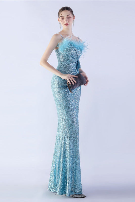 Ostrich Feather Embellished Maxi Dress