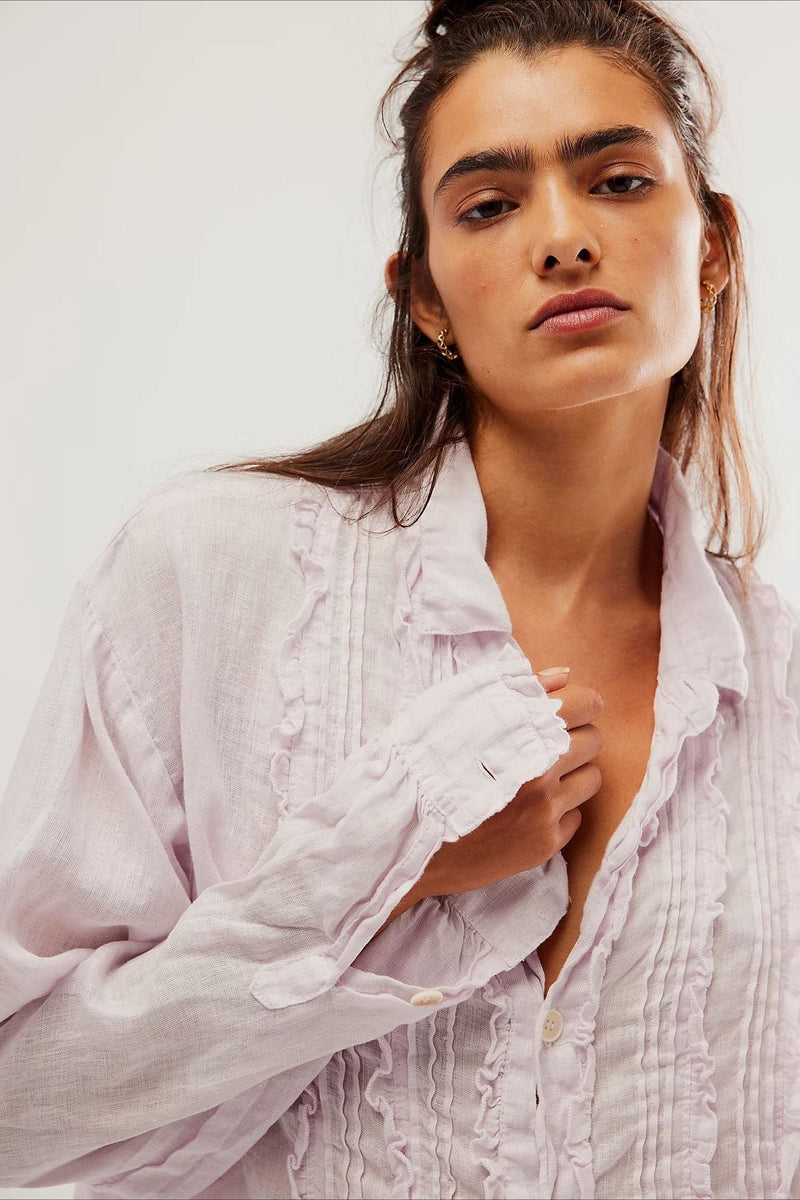 Linen Ruffled Long-sleeve Blouse