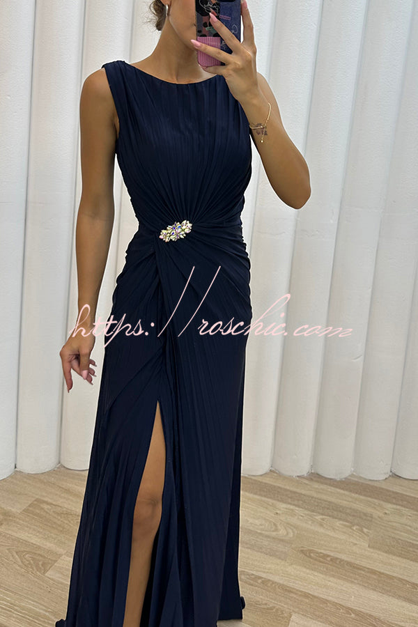 Special Pleated Embellished Slit Evening Maxi Dress