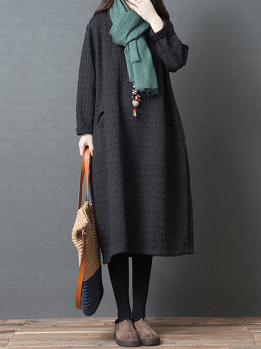 Loose Color Split-joint With Pocket Round-neck Long Sleeves Midi Dress