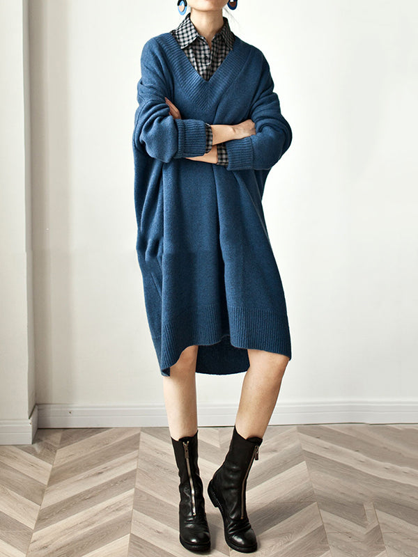 Stylish Loose Camel V-neck Long Sleeve Sweater Dress Qx006