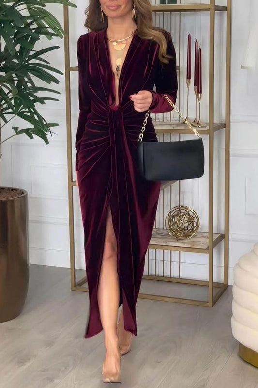 Classic Pleated Deep V Slit Party Maxi Dress