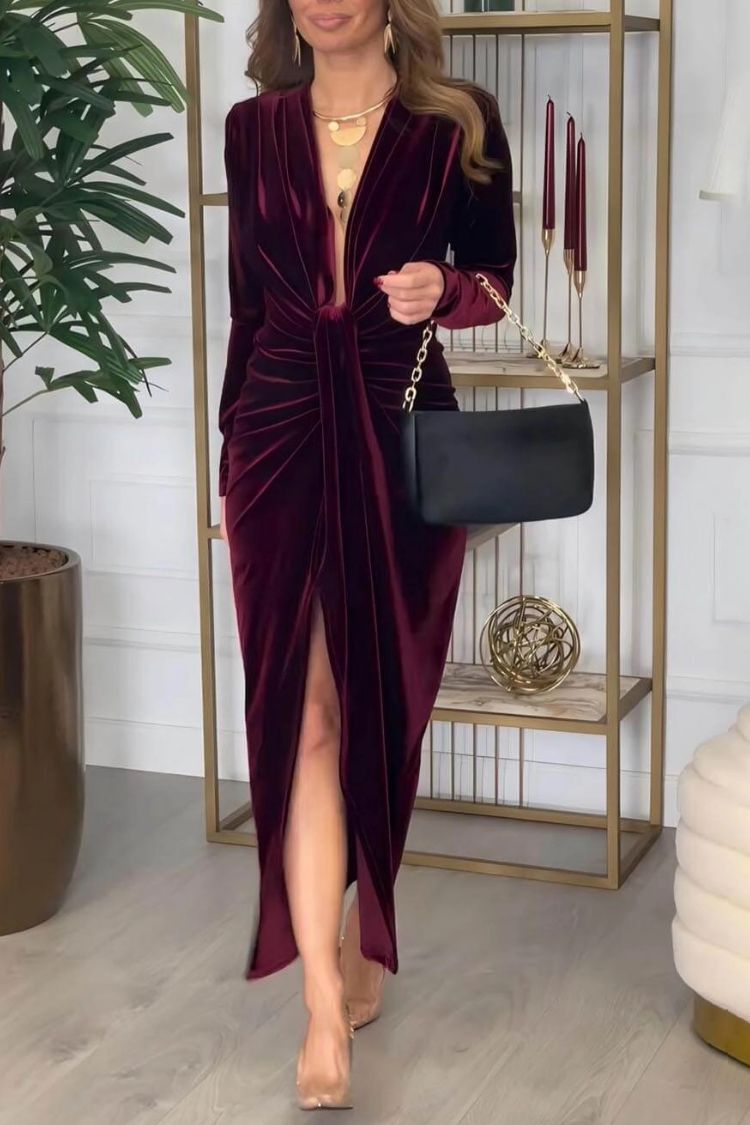 Classic Pleated Deep V Slit Party Maxi Dress