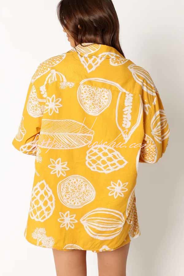 Parkside Tropical Fruit Print Loose Shirt and Elastic Waist Pocketed Shorts Set