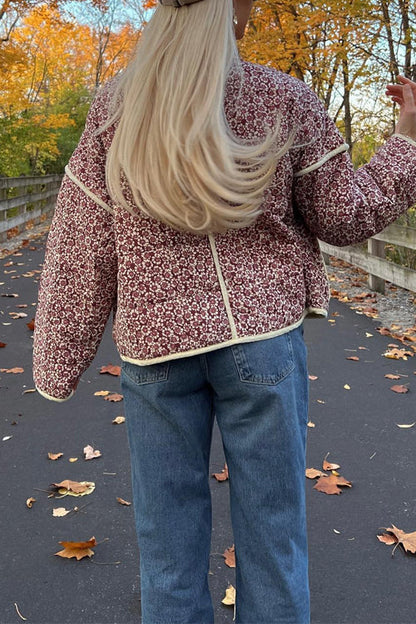 Stand Collar Open Front Print Quilted Coat