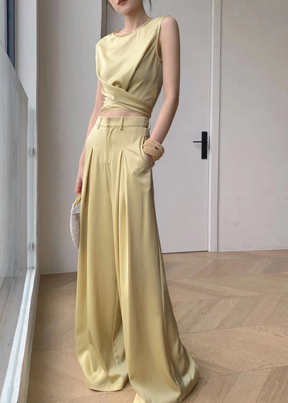 French Yellow O-neck Silk Top and Wide Leg Pants Two Pieces Set Sleeveless An1027