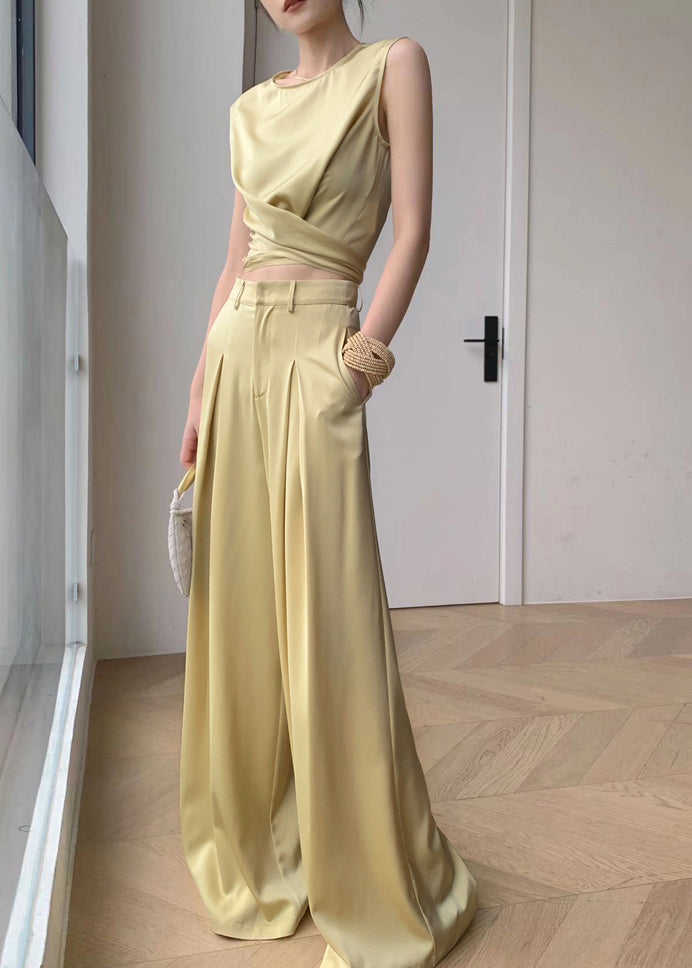 French Yellow O-neck Silk Top and Wide Leg Pants Two Pieces Set Sleeveless An1027