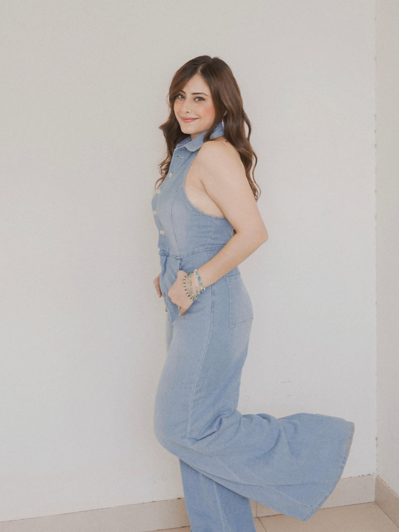 Halterneck Backless Denim Jumpsuit