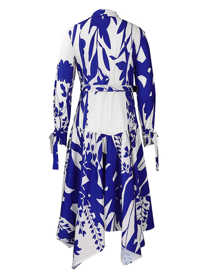 Irregular Clipping Long Sleeves Lace-up Pleated Printed Split-joint Tied Waist Lapel Maxi Dresses Shirt Dress