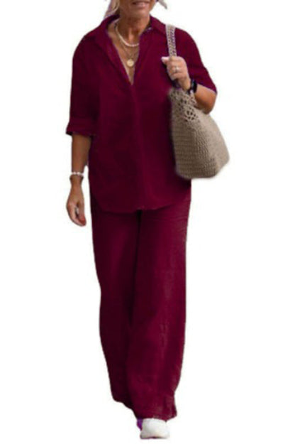Color Long-sleeved Shirt and Elastic Waisted Loose Wide-leg Pants Set