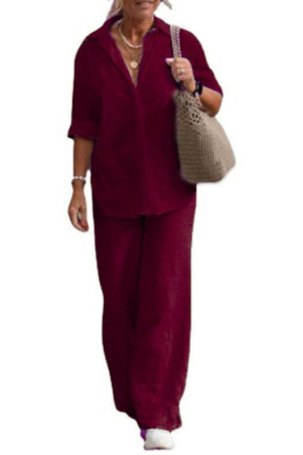 Color Long-sleeved Shirt and Elastic Waisted Loose Wide-leg Pants Set