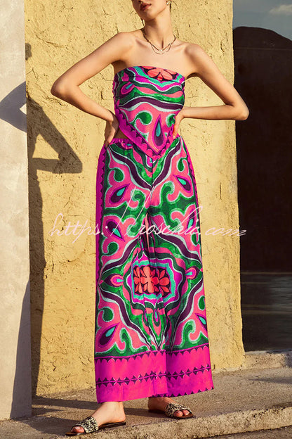 Style Unique Print Tube Top and Elastic Waist Pocket Wide Leg Pants Set