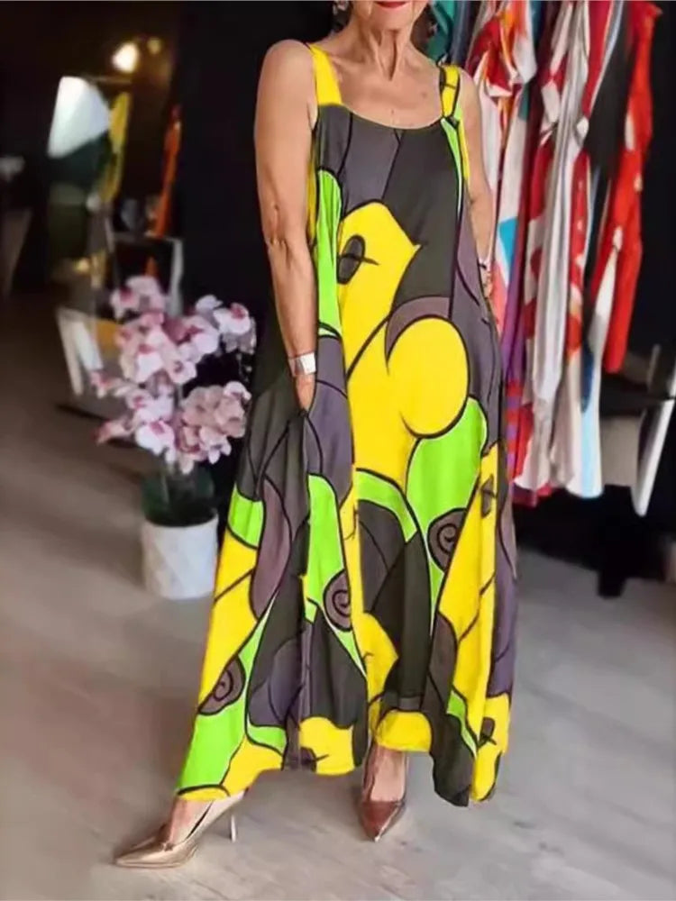 Print Spaghetti Strap Dresses Pocket Loose Long Dress Lady Commuting Clothing Maxi Vestidos Summer New