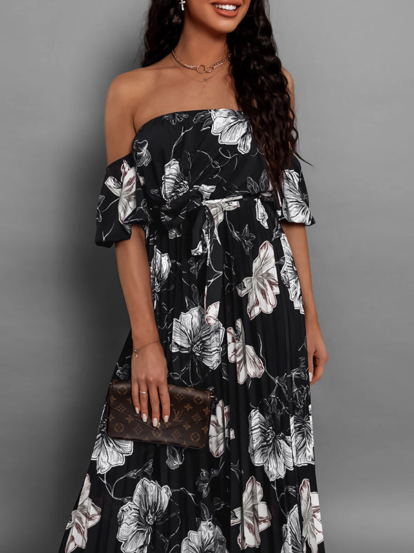 A-line Loose Elasticity Flower Print Pleated Split-joint Tied Waist Off-the-shoulder Maxi Dresses