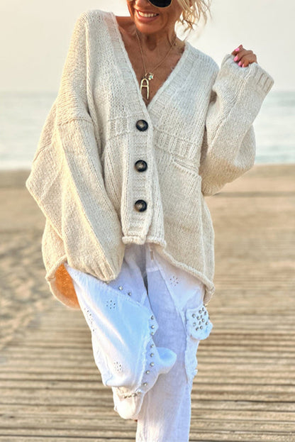 Color Loose Long Sleeve V-neck Pocket Knitted Sweater Cardigan