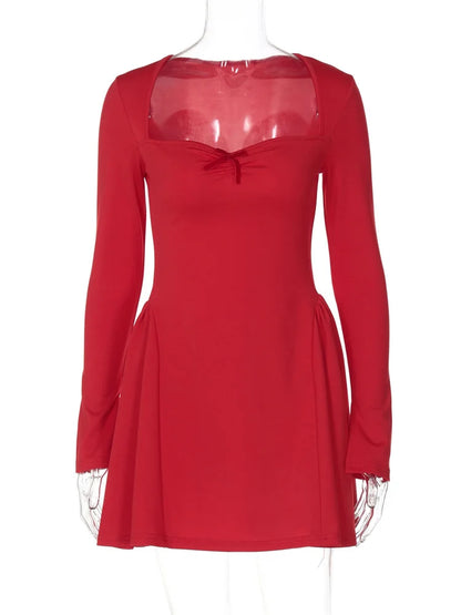 Autumn Bandeau Mini Dress for Long Sleeve Slim Patchwork Party Dress Female Tee Bow Mini Dress