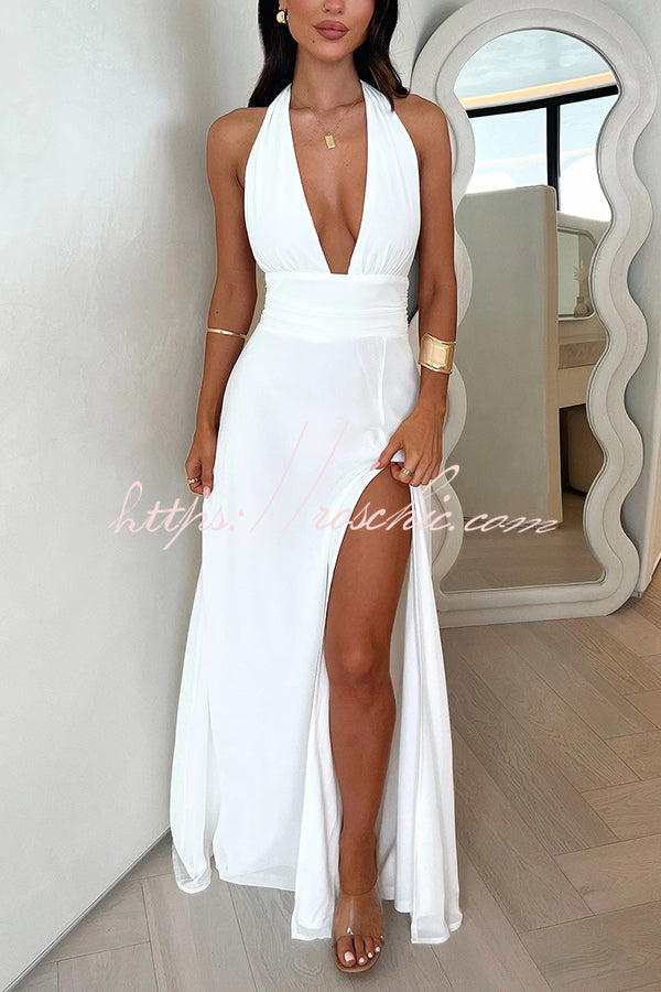 V-neck Backless Waist Tie High Slit Maxi Dress