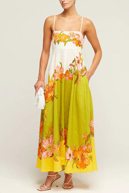 Malakai Linen Blend Contrast Print Back Smocked Pocket Maxi Dress