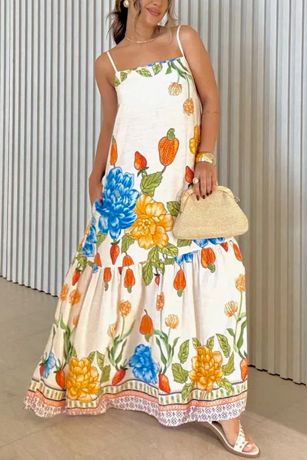 Print Halter Back Loose Pocket Full Hem Maxi Dress