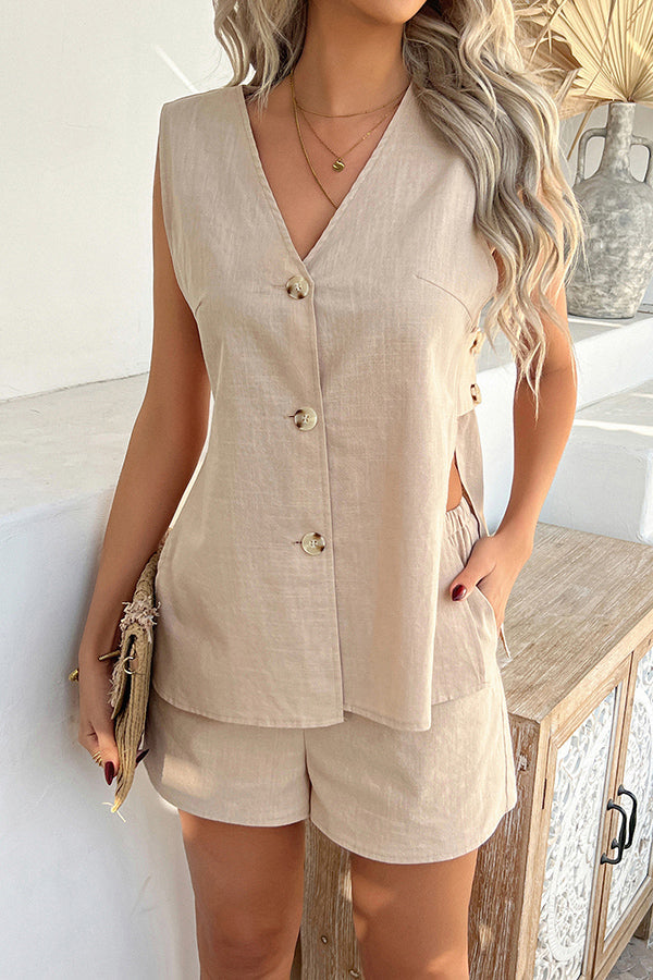 Color Holiday Style V-neck Button Vest and Elastic Waist Pocket Shorts Set
