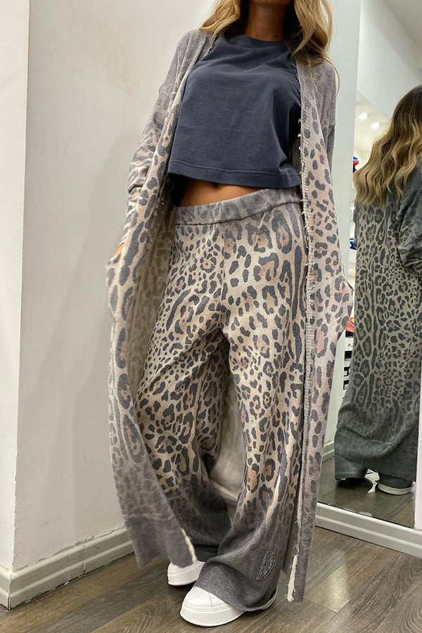 Comfort First Leopard Print Pocket Long Sleeve Cardigan Elastic Waist Pants Set