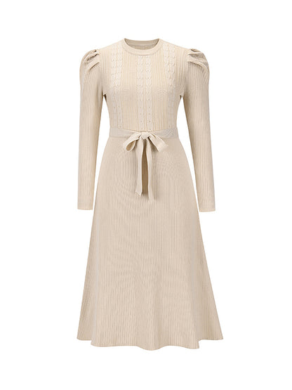 High Waisted Long Sleeves Color Tied Waist Round-neck Midi Dresses Sweater Dresses
