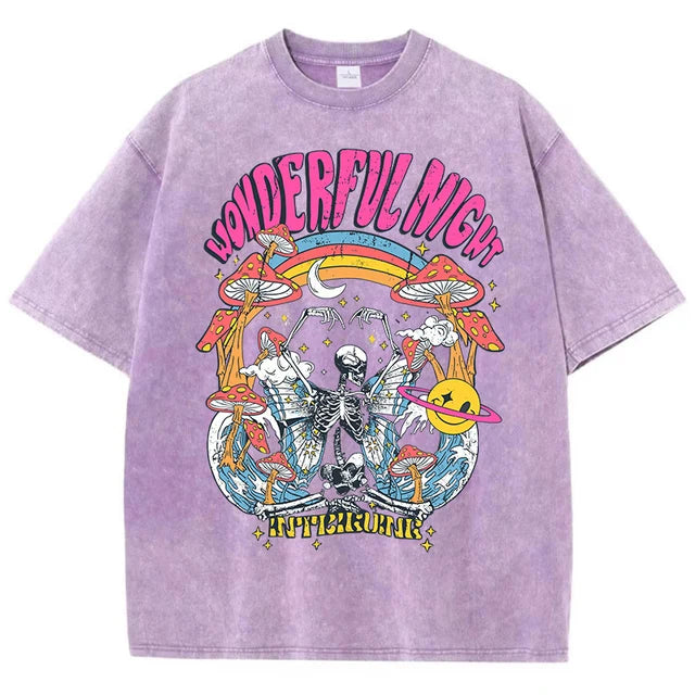 Wonderful Night Skeleton Butterfly Wave Print T-shirts Oversized Tops Street Comfortable Clothing Loose Wash Tee