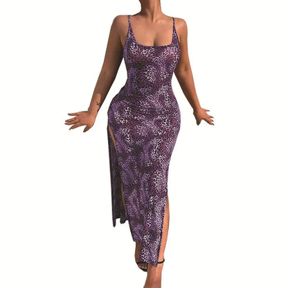 Leopard Print Slim Long Dresses Low Cut Backless Package Hip Bodycon Slit Dress Female Summer New